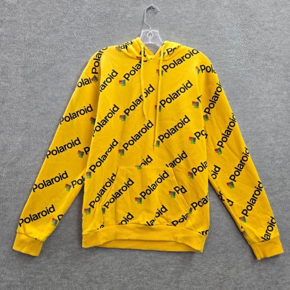 Polaroid Men Sweatshirt Small Yellow Hoodie Logo All Over Print Long Sleeve‎